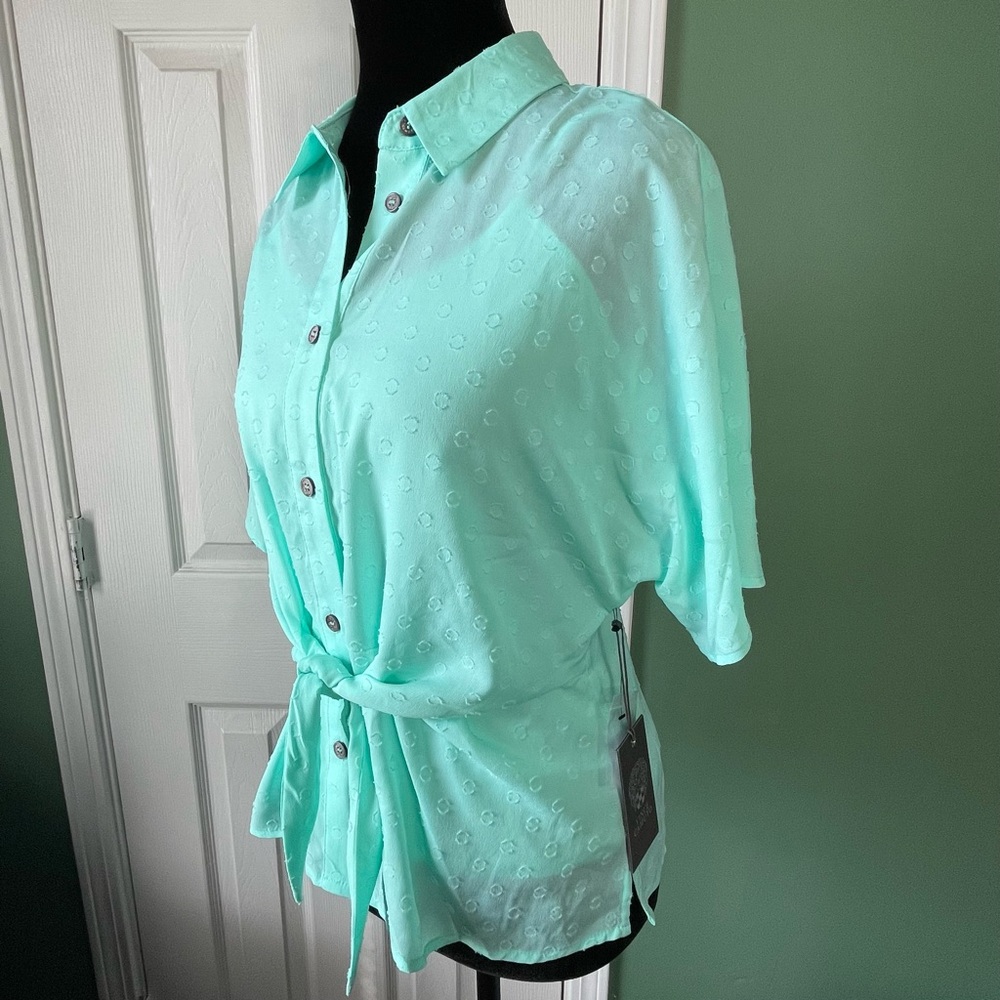 Vince Camuto Aqua Tie Waist Blouse XS NWT Coastal Resortwear Vacation Chic